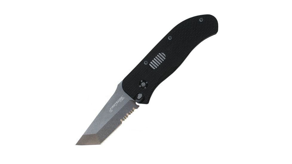 First Edge Tracklock Original Tanto Folding Knife, Auto Opening Serrated Edge, Elmax Bead Blast Blade, Coarse Black 1455-BBB
