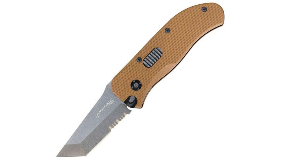First Edge Tracklock Original Tanto Folding Knife, Auto Opening Serrated Edge, Elmax Bead Blast Blade, Coarse Black, 1455-BBB