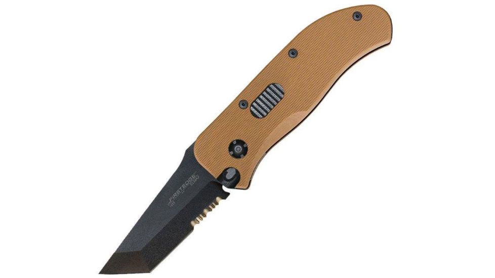 First Edge Tracklock Original Tanto Folding Knife, Auto Opening Serrated Edge, Elmax Black Oxide Blade, Coarse Green, 1455-BLG