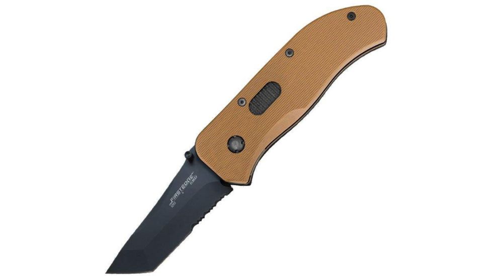First Edge Tracklock Original Tanto Folding Knife, Manual Opening Serrated Edge, Elmax Black Oxide Blade, Coarse Green, 1255-BLG