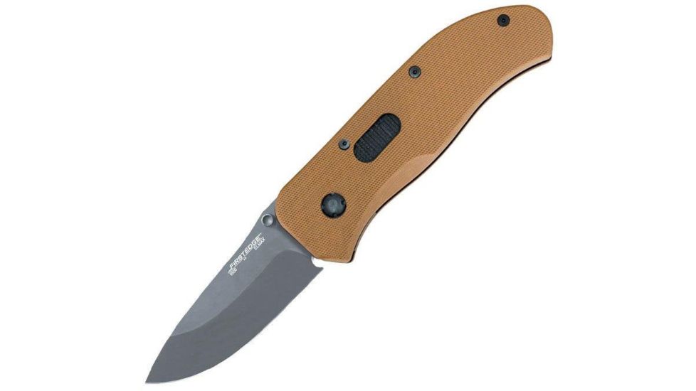 First Edge Tracklock Tactical Hunter Folding Knife, Manual Opening Fine Edge, Elmax Bead Blast Blade, Coarse Black, 1550-BBB