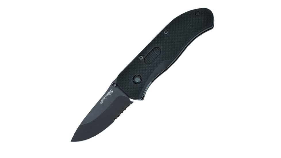 First Edge Tracklock Tactical Hunter Folding Knife, Manual Opening Serrated Edge, Elmax Bead Blast Blade, Coarse Black 1555-BBB