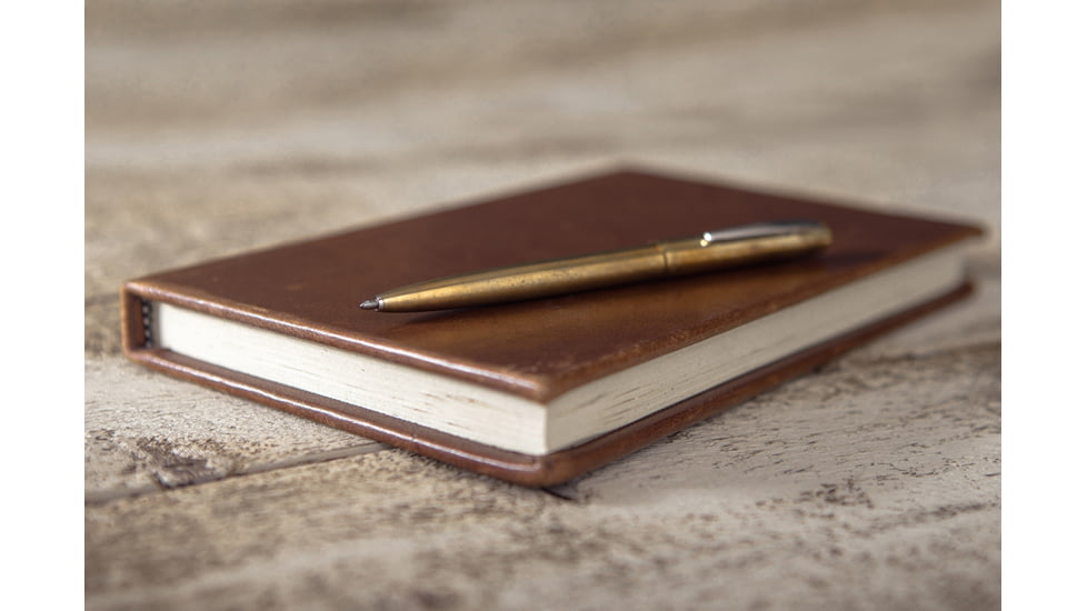 Fisher Space Pen Raw Brass Cap-O-Matic Space Pen, PR-4 Black Ink, Medium Point, 5.375in Length Chrome Pocket Clip, Gift Boxed, Raw Brass, M4RAW