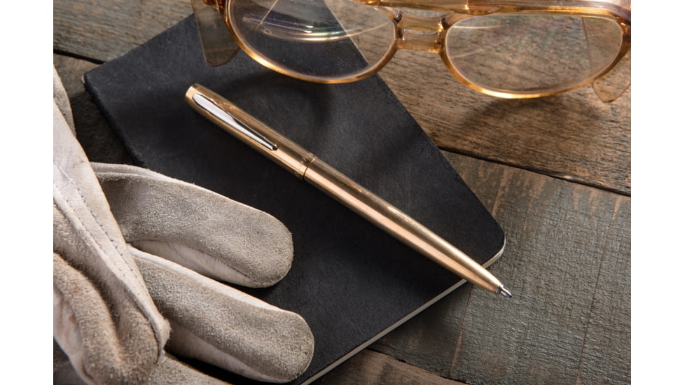Fisher Space Pen Raw Brass Cap-O-Matic Space Pen, PR-4 Black Ink, Medium Point, 5.375in Length Chrome Pocket Clip, Gift Boxed, Raw Brass, M4RAW