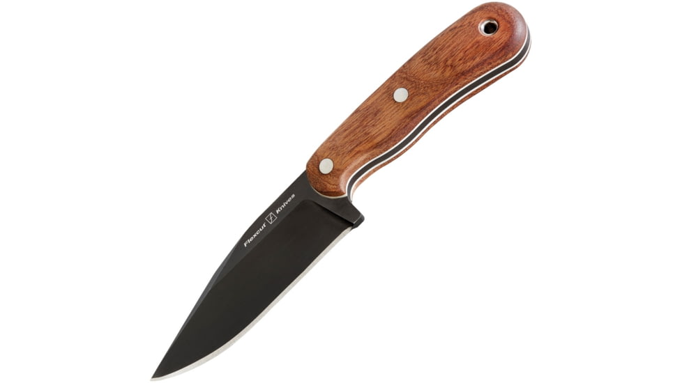 Flexcut Hawthorne Seeker Knife, 8.5in Overall, 4.13in Black Oxide Coated 1095Hc Steel Clip Point Blade, Conditioned Sapele Wood Handle With White G10 Liners, Black Leather Sheath, FTKFB4C