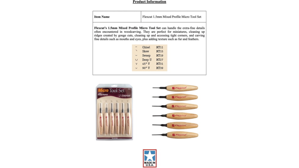 Flexcut Mixed Profile Micro Tool Set Knife, Micro Tool Set, 5.5in Overall, 1.75in Carbon Steel Blade, Wood Handle, MT910