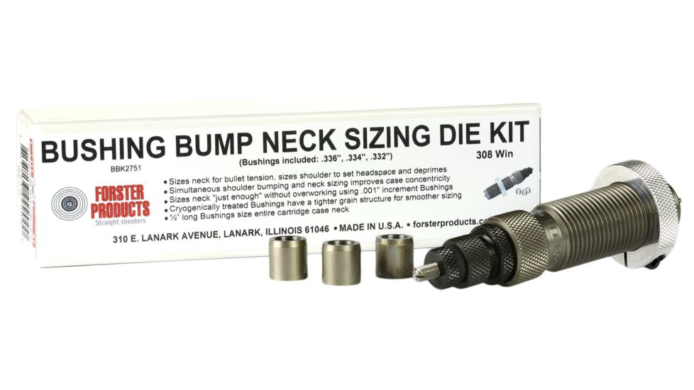 Forster Bushing Bump Neck Sizing Die and three Neck Bushings, .228, .226, .224 diameter, for 204 Ruger BBK2101