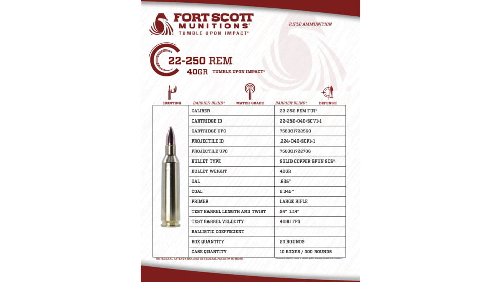 Fort Scott Munitions 22-250 Remington 40 grain TUI Brass Cased Rifle Ammunition