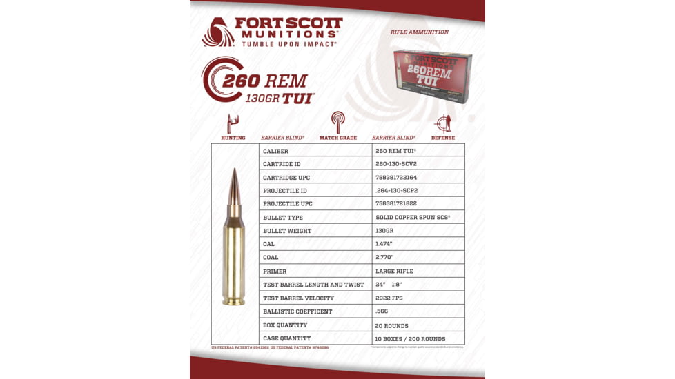 Fort Scott Munitions .260 Rem 130 Grain CNC Machined Copper Brass Rifle Ammo, 20 Rounds, 260-130-SCV2