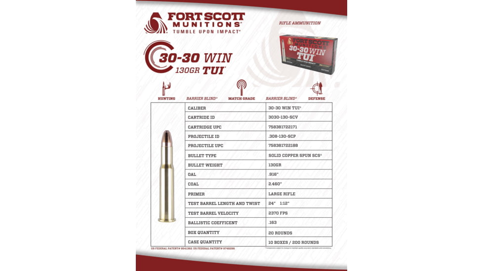 Fort Scott Munitions 30-30 Win 130 Grain CNC Machined Copper Brass Rifle Ammo, 20 Rounds, 3030-130-SCV