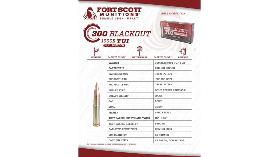 Fort Scott Munitions 300AAC BLACKOUT 190 Grain Centerfire Rifle Ammo, 20 Rounds, 300-190-SCV1SS