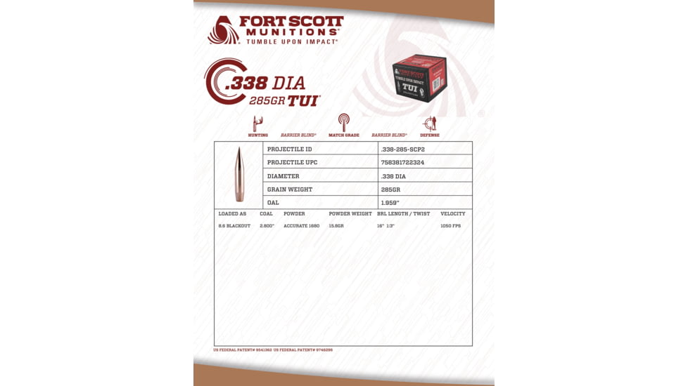 Fort Scott Munitions .338 285 Grain Rifle Bullet, 20 Bullets, .338-285-SCP2