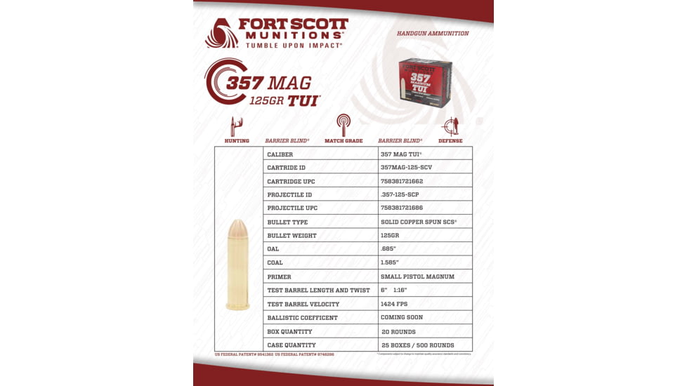 Fort Scott Munitions 357 MAGNUM 125 Grain Centerfire Pistol Ammo, 20 Rounds, 357MAG-125-SCV