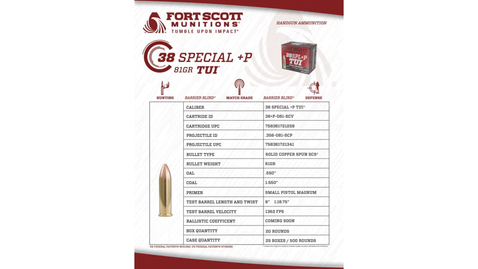 Fort Scott Munitions 38 Special +P 81 Grain Centerfire Pistol Ammo, 20 Rounds, 38+P-081-SCV
