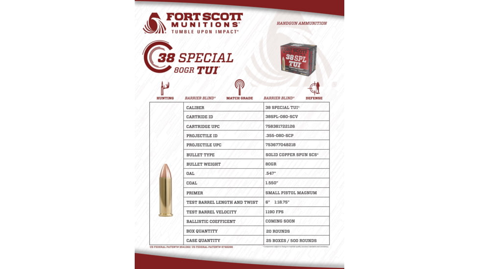 Fort Scott Munitions .38 Special 80 Grain Tumble Upon Impact Brass Pistol Ammunition, 20 Round, 38SPL-080-SCV