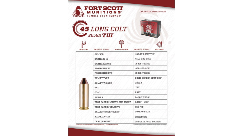 Fort Scott Munitions .45 Colt 225 Grain SCS Solid Copper Spun Brass Cased Rifle Ammo, 20 Rounds, 45LC-225-SCV