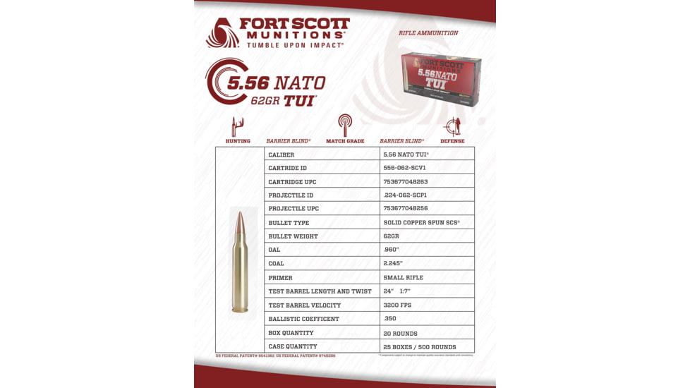 Fort Scott Munitions 5.56 NATO Copper 62 Grain Centerfire Rifle Ammo, 20 Rounds, 556-062-SCV1