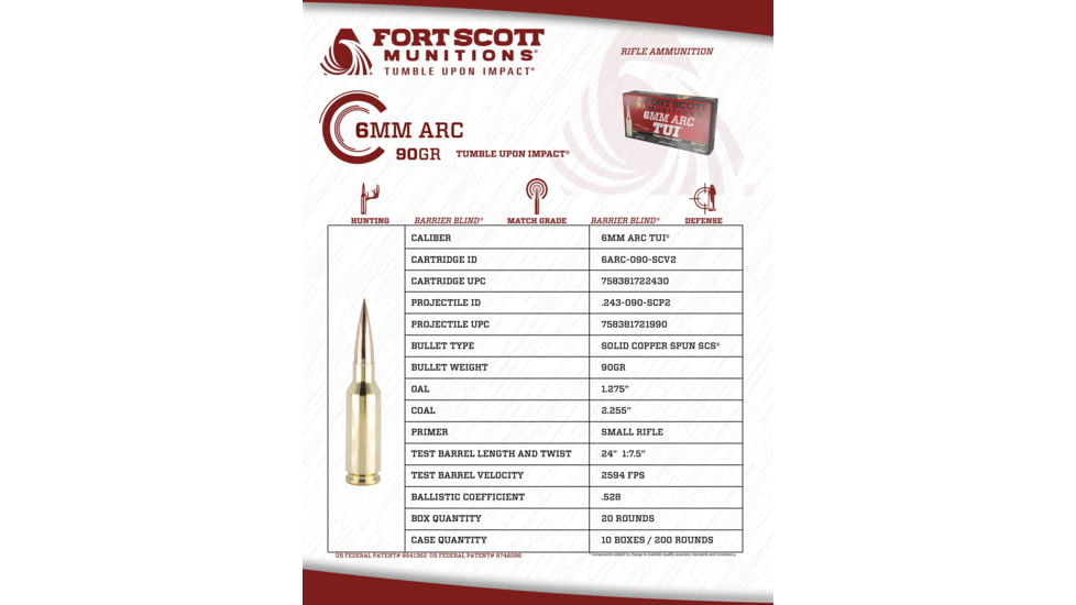 Fort Scott Munitions 6mm ARC 90 Grain Tumble Upon Impact Brass Rifle Ammunition, 20 Round, 6ARC-090-SCV2