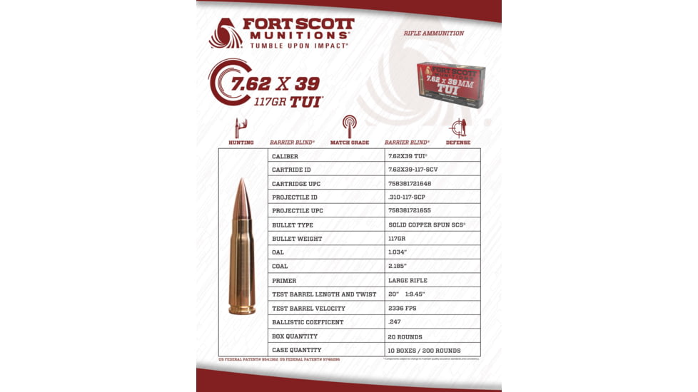 Fort Scott Munitions, 7.62x39mm, 117 grain, Copper Solid, Brass, Centerfire Rifle Ammo, 20, 762X39-117-SCV