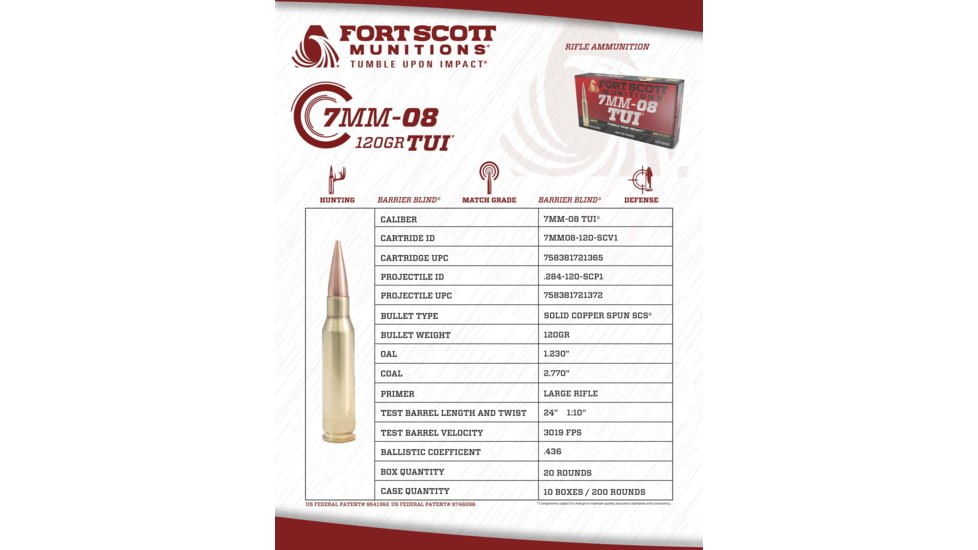 Fort Scott Munitions 7MM-08 REMINGTON 120 Grain Centerfire Rifle Ammo, 20 Rounds, 7MM08-120-SCV1