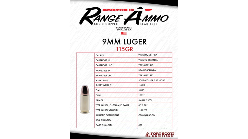 Fort Scott Munitions 9mm 115 Grain FNRA Brass Pistol Ammunition, 500 Round, 9MM-115-SCVFNRA