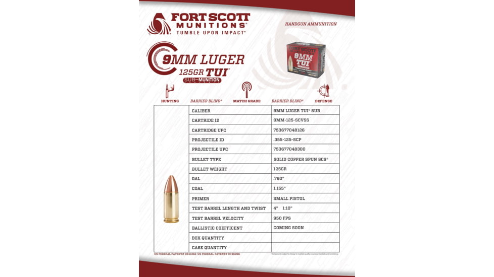 Fort Scott Munitions 9MM Sub-Munition Subsonic 125 Grain Centerfire Pistol Ammo, 20 Rounds, 9MM-125-SCVSS