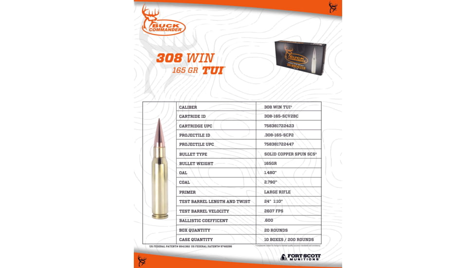 Fort Scott Munitions Buck Commander .308 Winchester 165 Grain CNC Machined Copper Brass Cased Rifle Ammo, 20 Round, 308-165-SCV2BC
