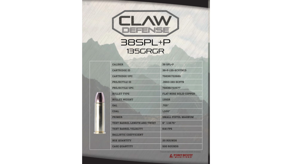 Fort Scott Munitions Claw Defense 38SPL +P 135 grain Flat Nose Brass Cased Pistol Ammunition, 20 Rounds, 38+P-135-SCVFNCD