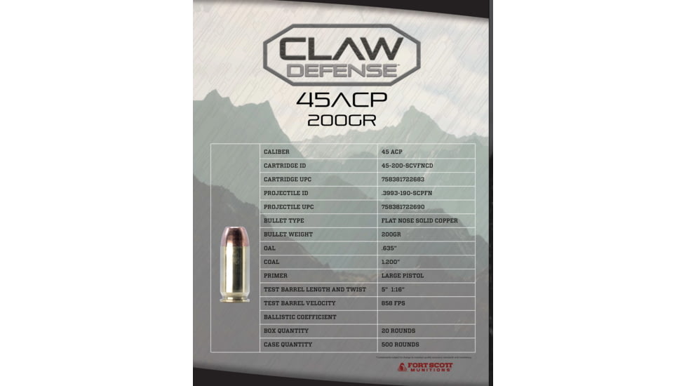 Fort Scott Munitions Claw Defense 45 ACP 200 grain Flat Nose Brass Cased Pistol Ammunition, 20 Rounds, 450-200-SCVFNCD