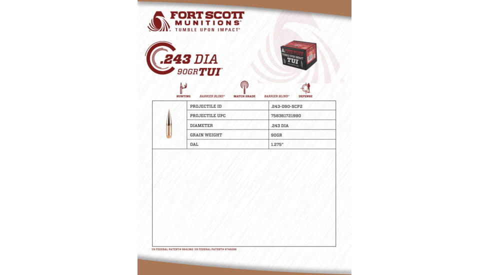 Fort Scott Munitions Smooth Cannelure Projectile Rifle Bullets, .243 Caliber, 90 gr, CNC Machined Copper, 50 Bullets, .243-090-SCP2