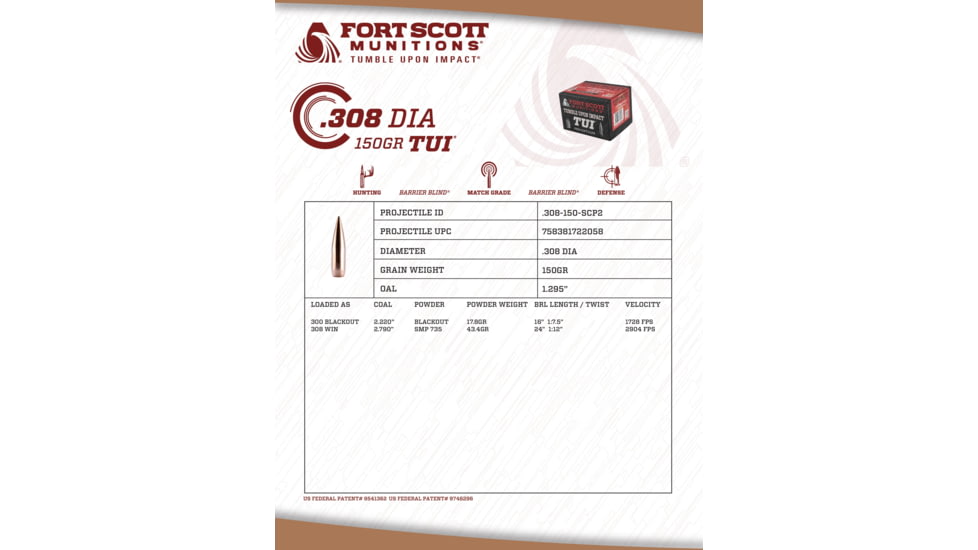 Fort Scott Munitions Smooth Cannelure Projectile Rifle Bullets, .308 Caliber, 150 gr, CNC Machined Copper, 50 Bullets, .308-150-SCP2