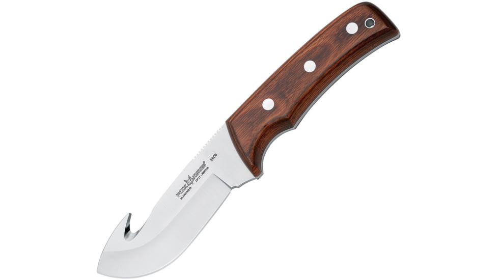 Fox Big Game Skinner Knife, 4.25 satin finish Bohler N690 stainless guthook b, Brown pakkawood handle, 02FX125