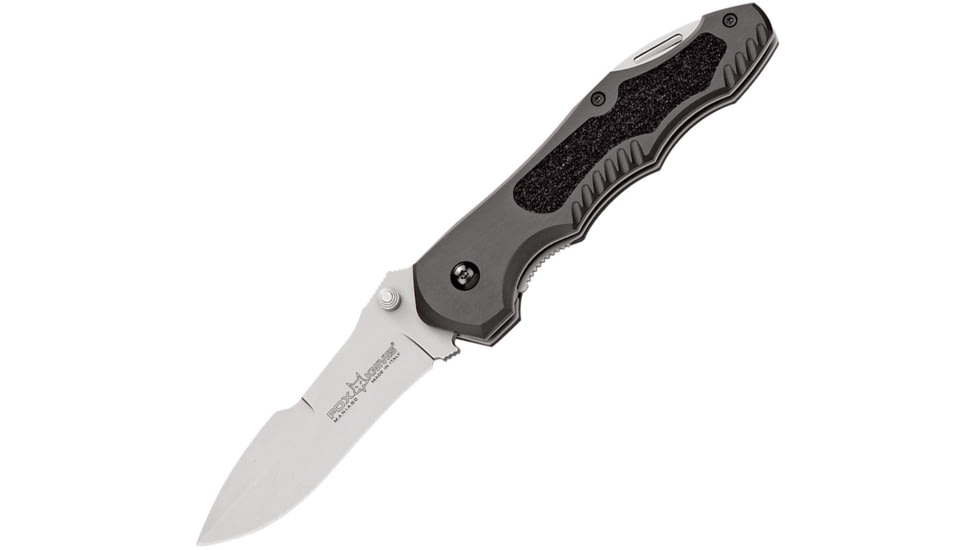 Fox Chinook Linerlock Gray Folding Knife, 3.25 satin finish Bohler N690 stainless blade, Gray aluminum handle with black rubber insert, 01FX198