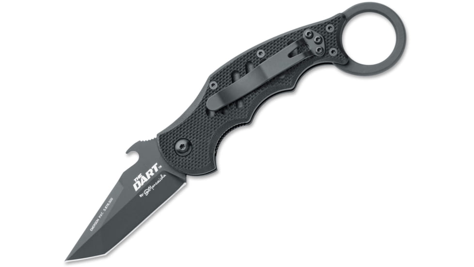 Fox Dart Karambit Linerlock Folding Knife, 2.5 black PTFE coated Bohler N690 stainless tanto, Black G10 handle, 01FX022