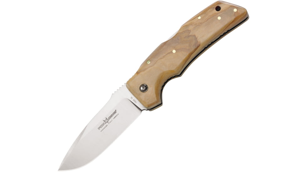 Fox Elite Lockback Olive Wood Folding Knife, 4in Satin Bohler N690 SS Drop Point, Olive Wood Handle, Black Nylon Belt Sheath, 01FX1500OL