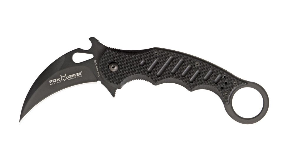 Fox Karambit Folding Knife, 3in, Black Non Stick Cobalt Vanadium Blade w/ Thumb Slot, Black G10 Handle FOX479