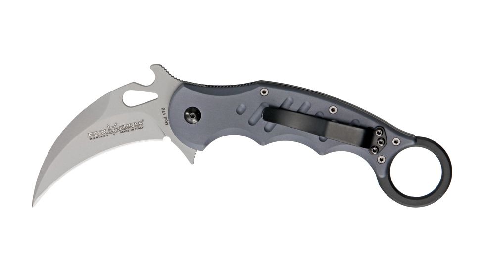 Fox Karambit Folding Knife, 3in, Stonewash Cobalt Vanadium Blade w/ Thumb Slot, Gray Anodized Aluminum Handle FOX478