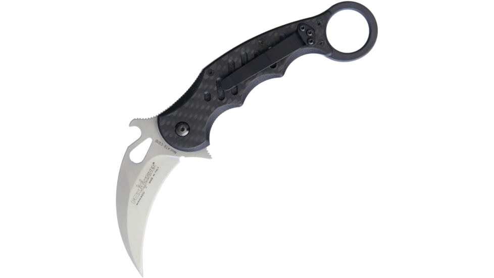 Fox Karambit Linerlock CF Folding Knife, 3in Stonewash Bohler N690 SS Karambit Blade, Thumb Pull, Pocket Clip, Finger Ring, Black G10 And Carbon Fiber Handle, 479CG10SW