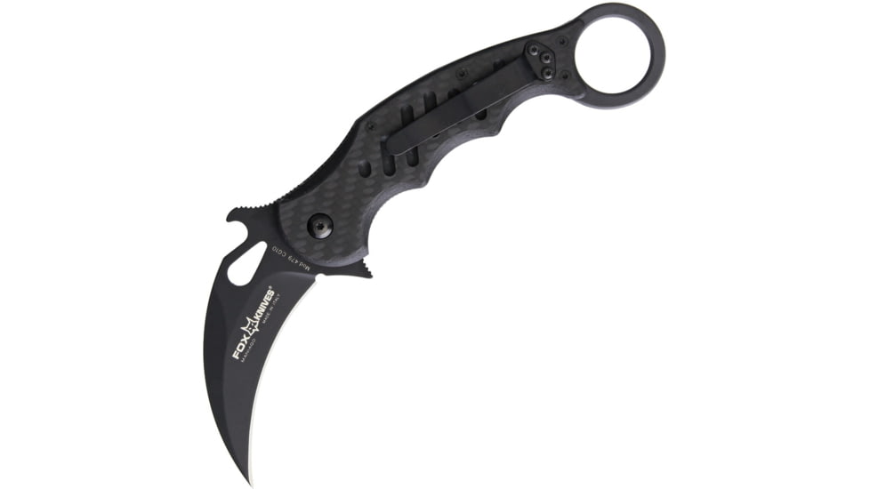 Fox Karambit Linerlock CF/G10 Folding Knife, 3in Black Bohler N690 SS Karambit Blade, Finger Grooved Handle, Finger Ring, Pocket Clip, Thumb Pull, Black G10 And Carbon Fiber Handle, 479-CG10