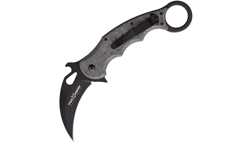 Fox Karambit Linerlock Folding Knife, 3in black PTFE coated Bohler N690 stainless karambit blade, Black, Black linen micarta handle, 479MIB