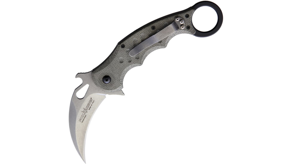 Fox Karambit Linerlock Folding Knife, 3in stonewash finish Bohler N690 stainless karambit blade, Green, Green linen micarta handle, 479MISW