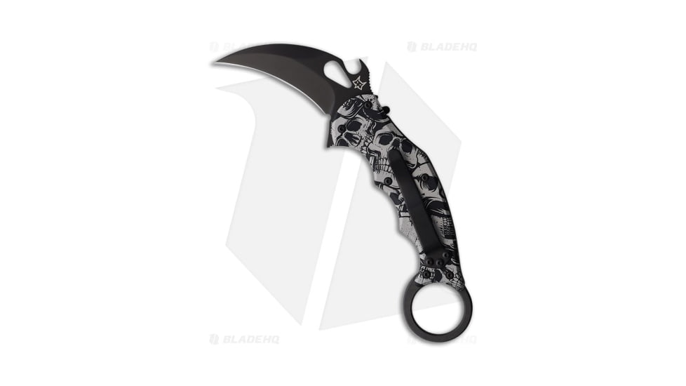 Fox Knives Americas The End Karambit Folding Knife, 2.56in, Bohler N690 Stainless Steel, Hawkbill Blade, Aluminum, Black/White Handle, Black/White/Black, 6.89 inch, BHQ-211790