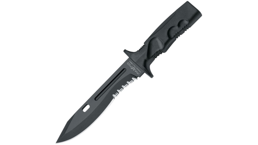 Fox Leonida Survival Knife, 7.25 black finish partially serrated Bohler N690 , Black Forprene handle, 02FX013
