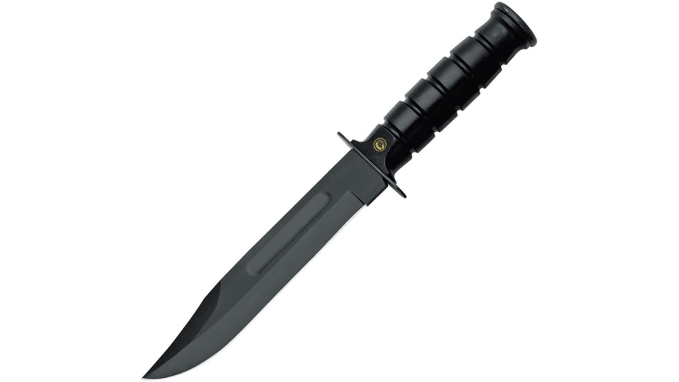 Fox Military Explorer Fixed Blade Knife, 12.25in Overall, 7.25in Black Carbon Steel Clip Point Blade, Black Grooved ABS Handle, SS Guard And Pommel, Black Leather Belt Sheath, Black, 02FX048