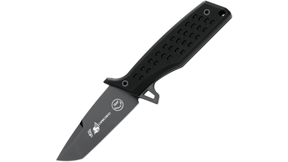 Fox N.E.R.O. Fixed Blade Knife, 4.25 black DLC coated Bohler N690 stainless tanto, Black textured G10 handle, 02FX003