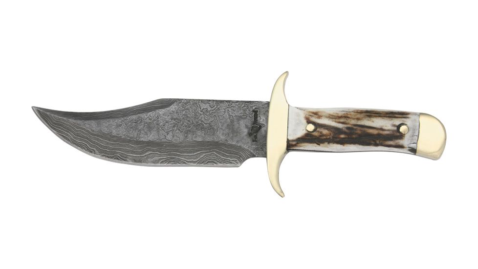 Fox-N-Hound Baby Bowie Fixed Blade Knife, 6in, Damascus Steel Bowie, Stag Handle FH604
