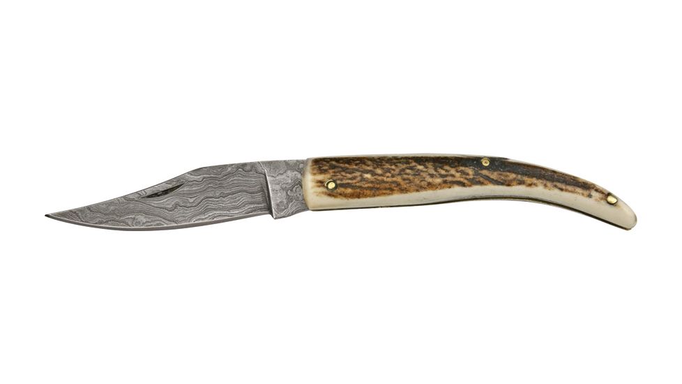 Fox-N-Hound Damascus Caping Folding Knife,Damascus Steel Clip Blade, Stag Handle FH89