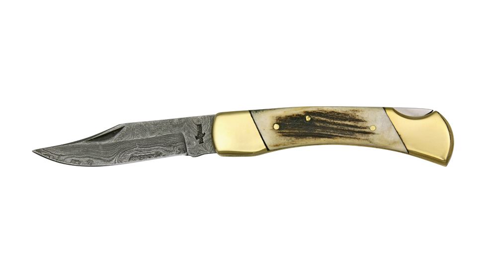 Fox-N-Hound Damascus Lockback Folding Knife,Damascus Steel Clip Point, Stag Handle FH1