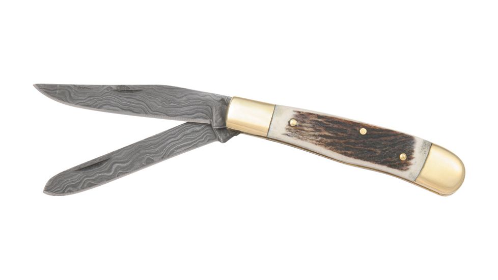 Fox-N-Hound Damascus Trapper Folding Knife,Clip and Spey Blade, Genuine Stag Handle FH614