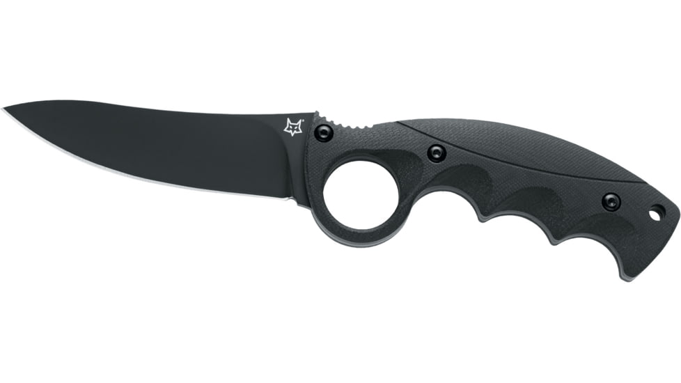Fox Russ Kommer Alaska Fixed Blade Knife, 4.25 black coated Becut steel blade, Black finger grooved G10 handle, FX-621B